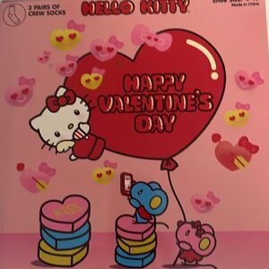Hello Kitty Crew Socks Pink White Valentine’s Day New in Box Set of 3 Size 4-10
